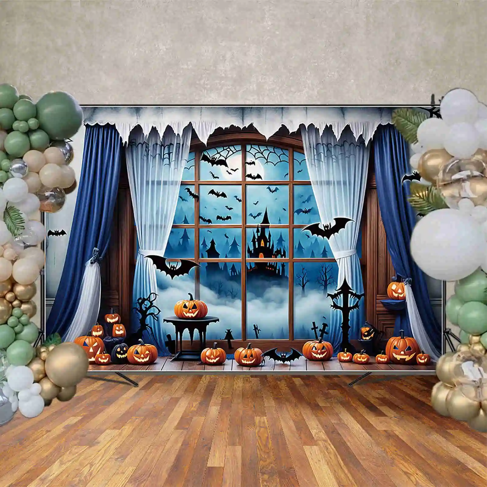 MOON.QG Halloween Graveyard Backgrounds Children Indoor Jack-O'-Lantern Window Backdrop Custom Party Decor Photozone Accessories