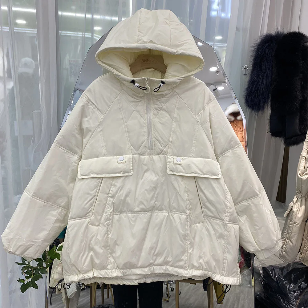 Winter Hooded Pullover Feather Jacket Women 90% White Duck Down Coat Casual Loose Parker Irregular Snow Warm Outwear