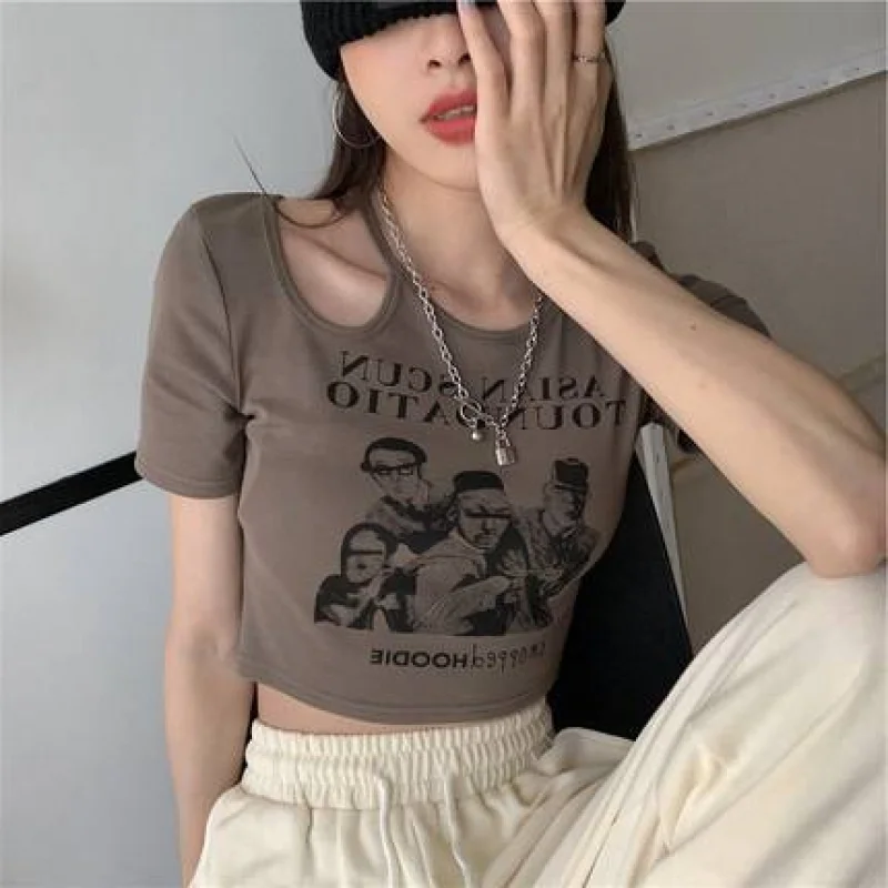 Short-sleeved T-shirt For Women 2024 Summer New American Retro Slim Body Hollow Hot Girl Ins Trendy Top