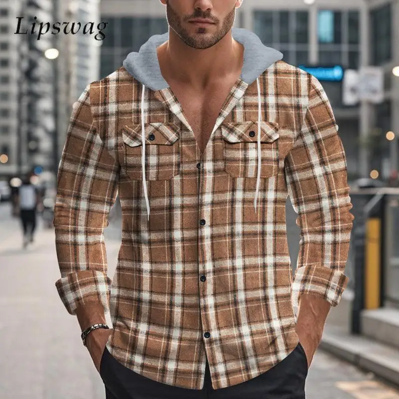 

2024 Fall New Casual Mens Fleece Shirts Streetwear Fashion Plaid Jacquard Wool Cardigans With Hood Casual Men Long SLeeve Shirt