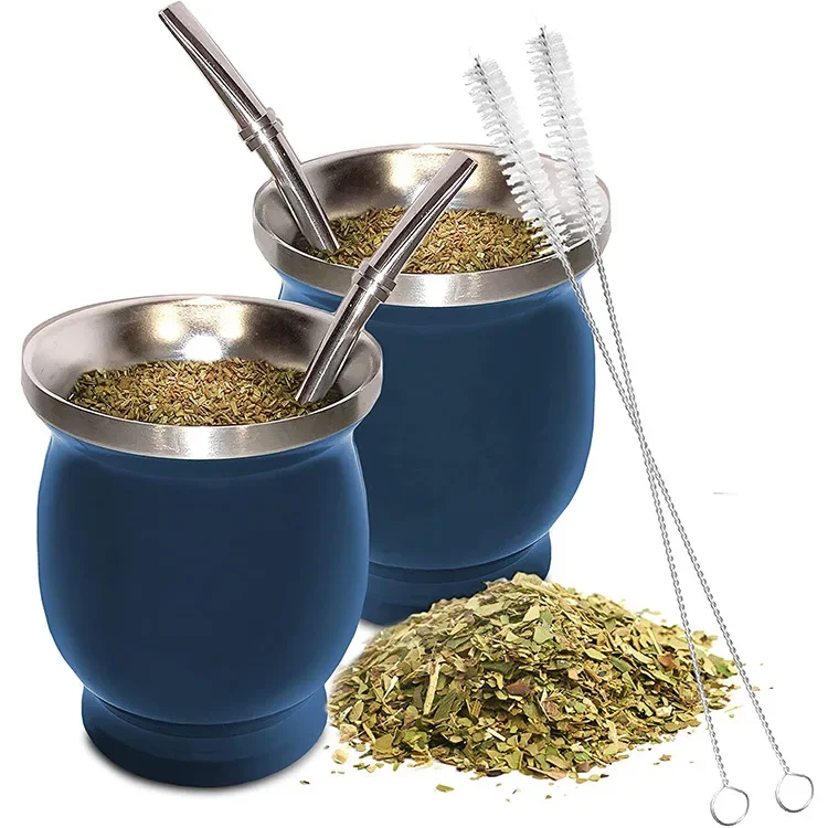

230ML 304 Stainless Steel Mate Cup Double Wall 8oz Portable Tea Mug Mate Gourd with Bombillas and Cleaning Brush Cup for coffee