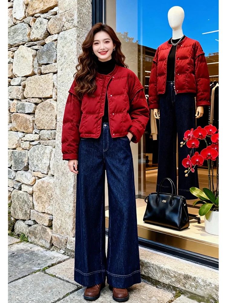 

Women's down Cotton Jaet Coat Thiened Warm New Year Red ort Outerwear Korean Sle Loose Fit Long Sve round Ne