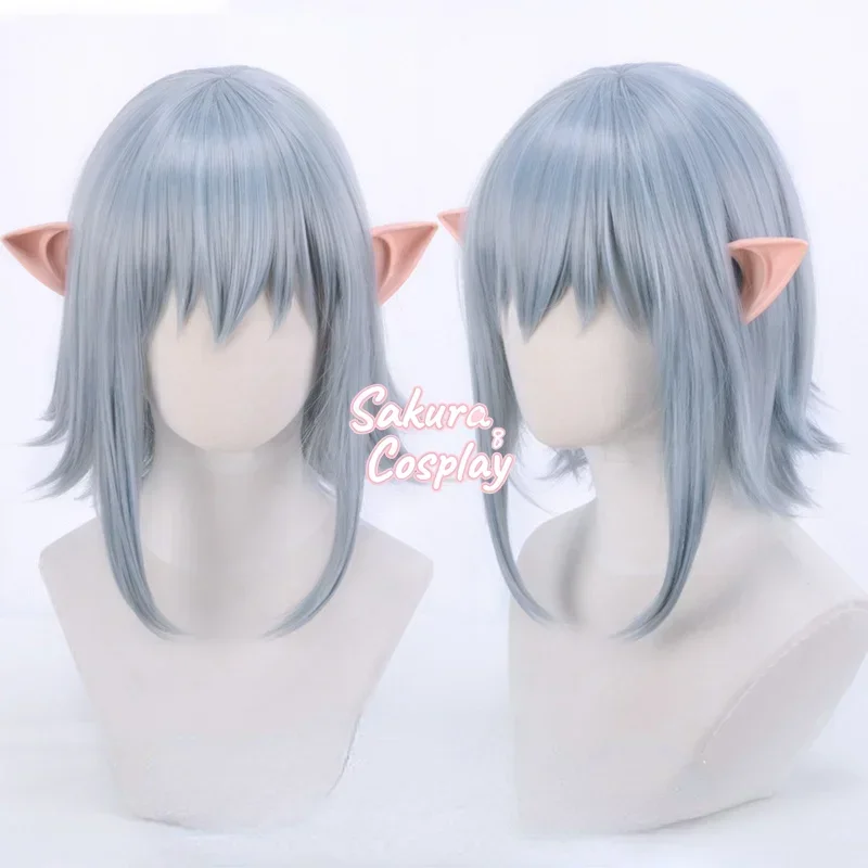 FF14 Haurchefant Greystone Cosplay Wig   Ears Short Light Blue Mixed Hair Heat Resistant Synthetic Hair Halloween Costume Party