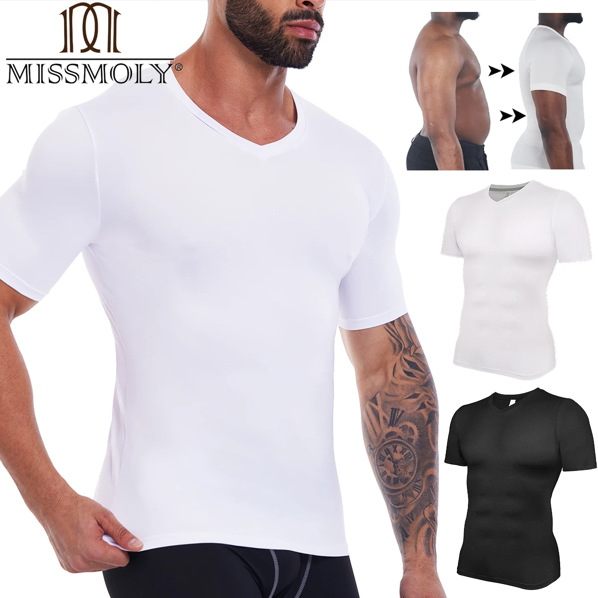 

Mens Body Shaper Waist Trainer Compression Shirts V-Neck Short Sleeved Slimming Undershirt Workout Abs Abdomen Tight Corset Tops