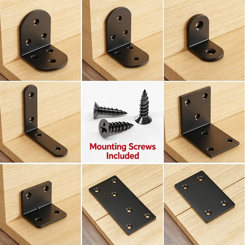 1/2Pcs L Bracket Black Stainless Steel 90 Degree Right Angle Corner Brace with Screw for Furniture Cabinet Wardrobe DIY Woodwork