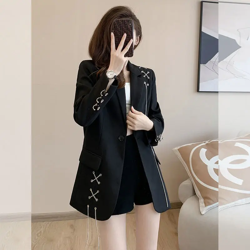 2024 Autumn New Streetwear Fashion Harajuku Style Neutral Coat Rough Edge Vintage Personality Full Sleeve Loose Black Suit Coats