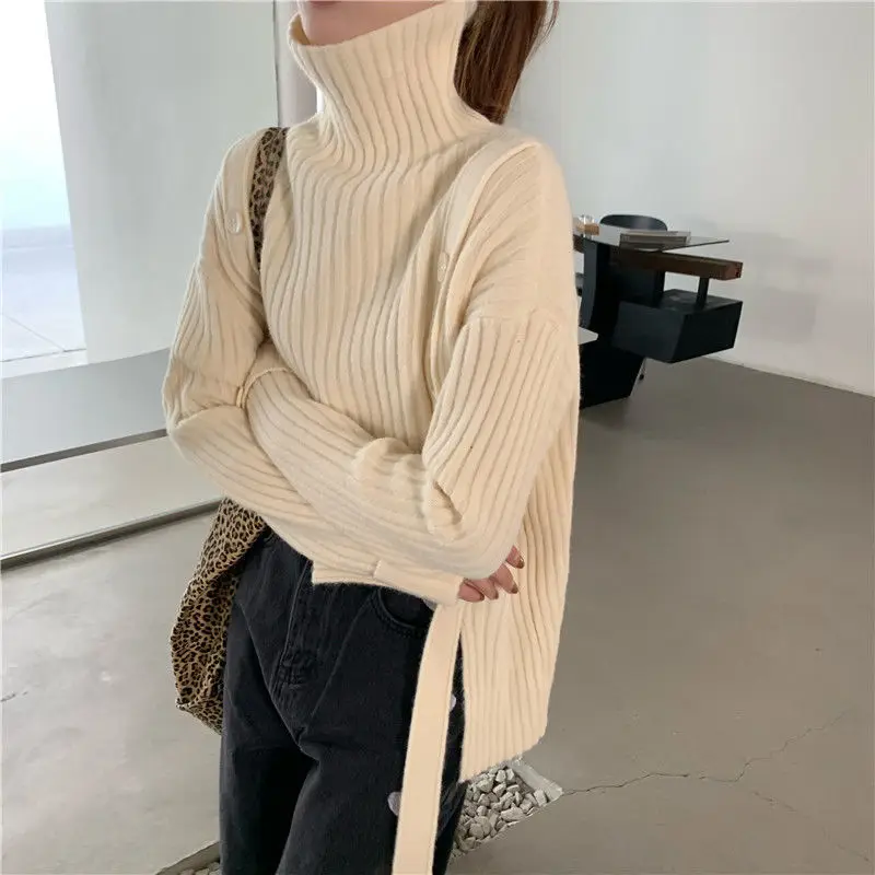 Women Candy Color Turtleneck Sweaters Irregular Buttons Femme Elegant Sueter Loose Sweet Ulzzang Sweater Solid Knitted Split New