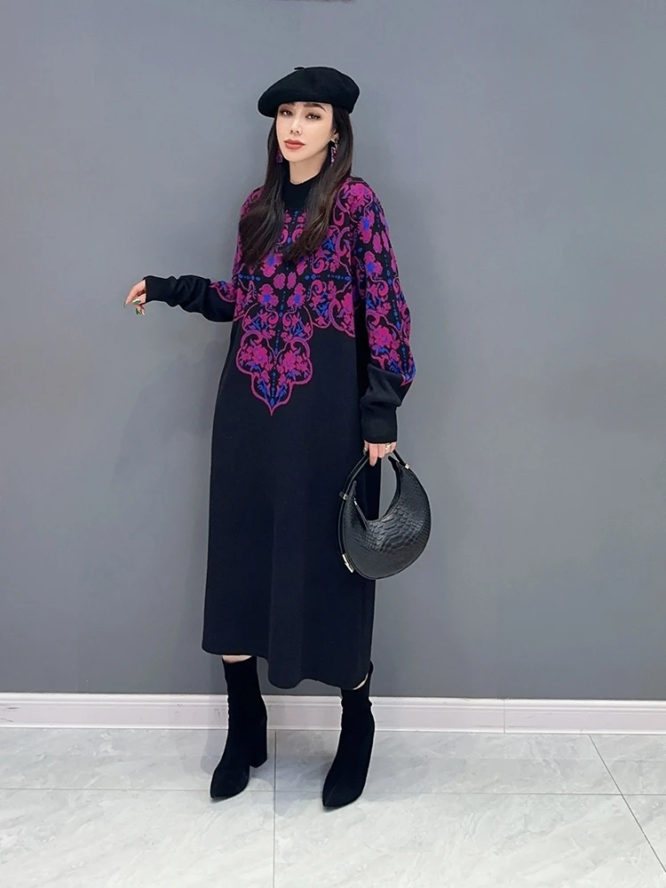 Vefadisa 2024 Autumn/Winter New Purple Vintage Printed Women Sweater Dress Turtleneck Long Sleeved Casual Elegant Dress ZXY900A