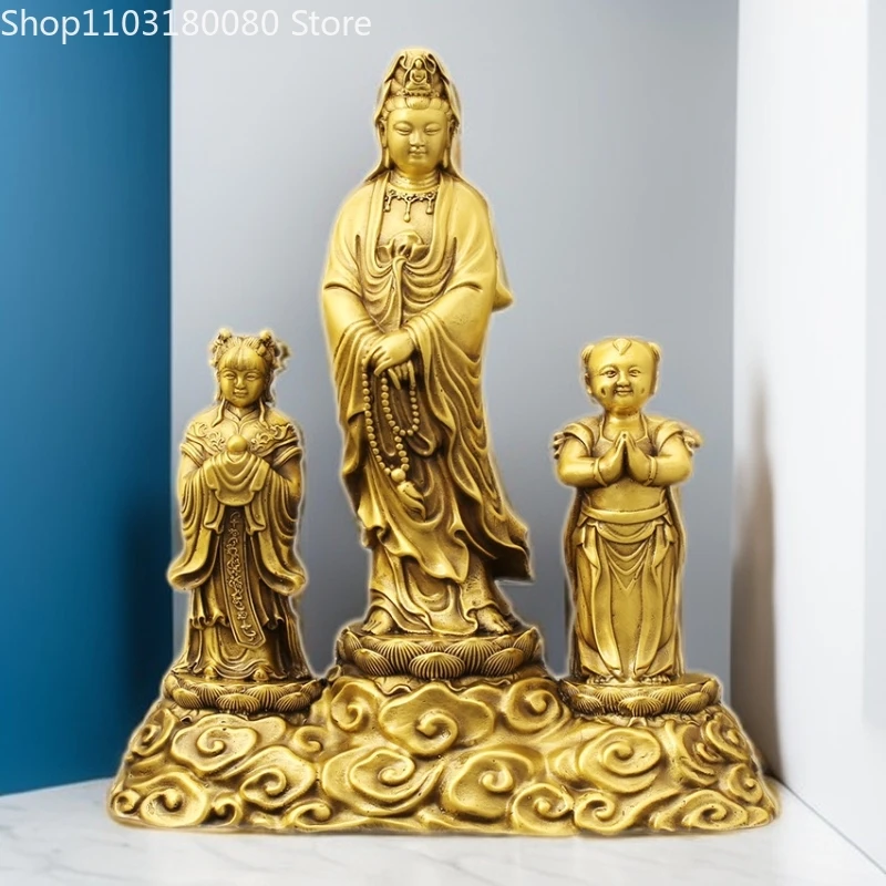 26cm Copper brass Nanhai Guanyin Bodhisattva Buddha statue Songzi Niangniang sculpture  goddess statue Temple Home decor