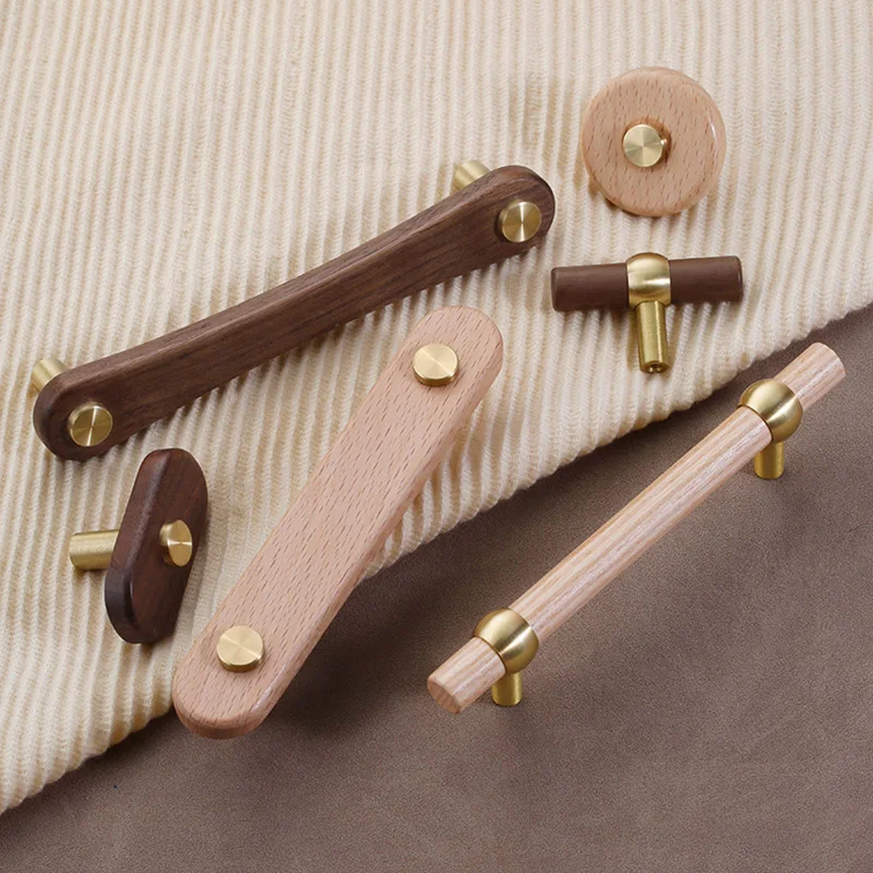 96mm 128mm 192mm Walnut Wooden Cabinet Handles Brass European Style Kitchen Cabinet Knobs Gold Cupboard Door Pulls Door Hardware