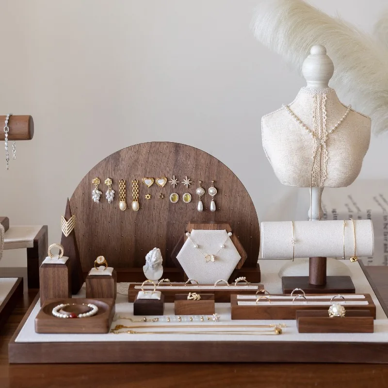Retro Walnut Wood Jewelry Display Rack Multi-purpose Earring Necklace Ring Bracelet Storage Holder Jewelry Showcase Stand