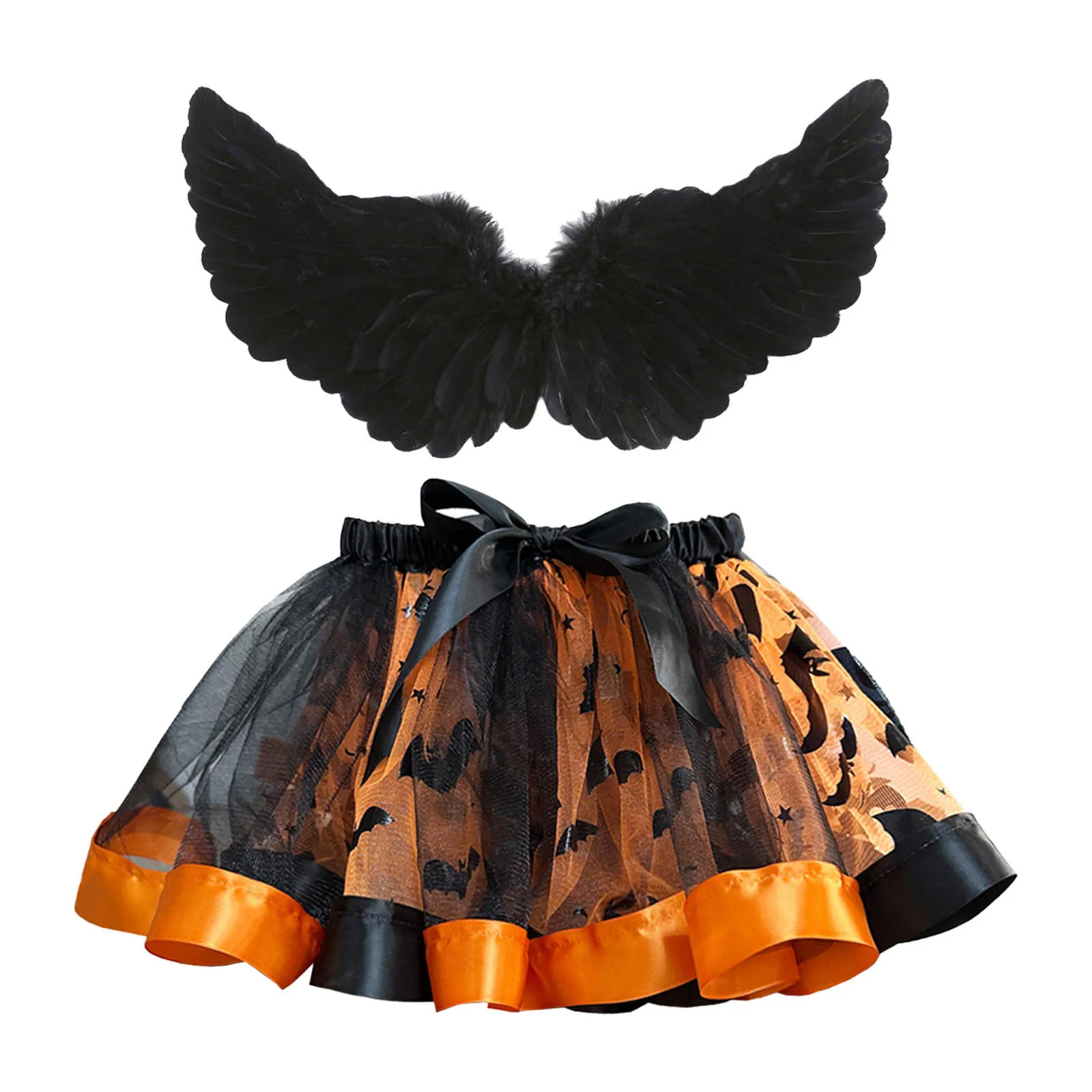 Halloween Kids Girls Ballet Skirts Halloween Costume Party Patchwork Tulle Dance Skirt With Wing Outfits Kid Princess Ballet Set