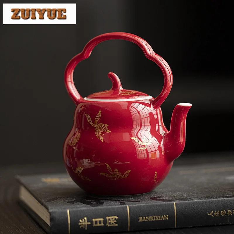 

160ml Ruby Red Gold Stamp Gourd Lifting Handle Teapot Aesthetic Tea Infuser Pot Tea Brewing Kettle With Ball Hole For Tea Craft