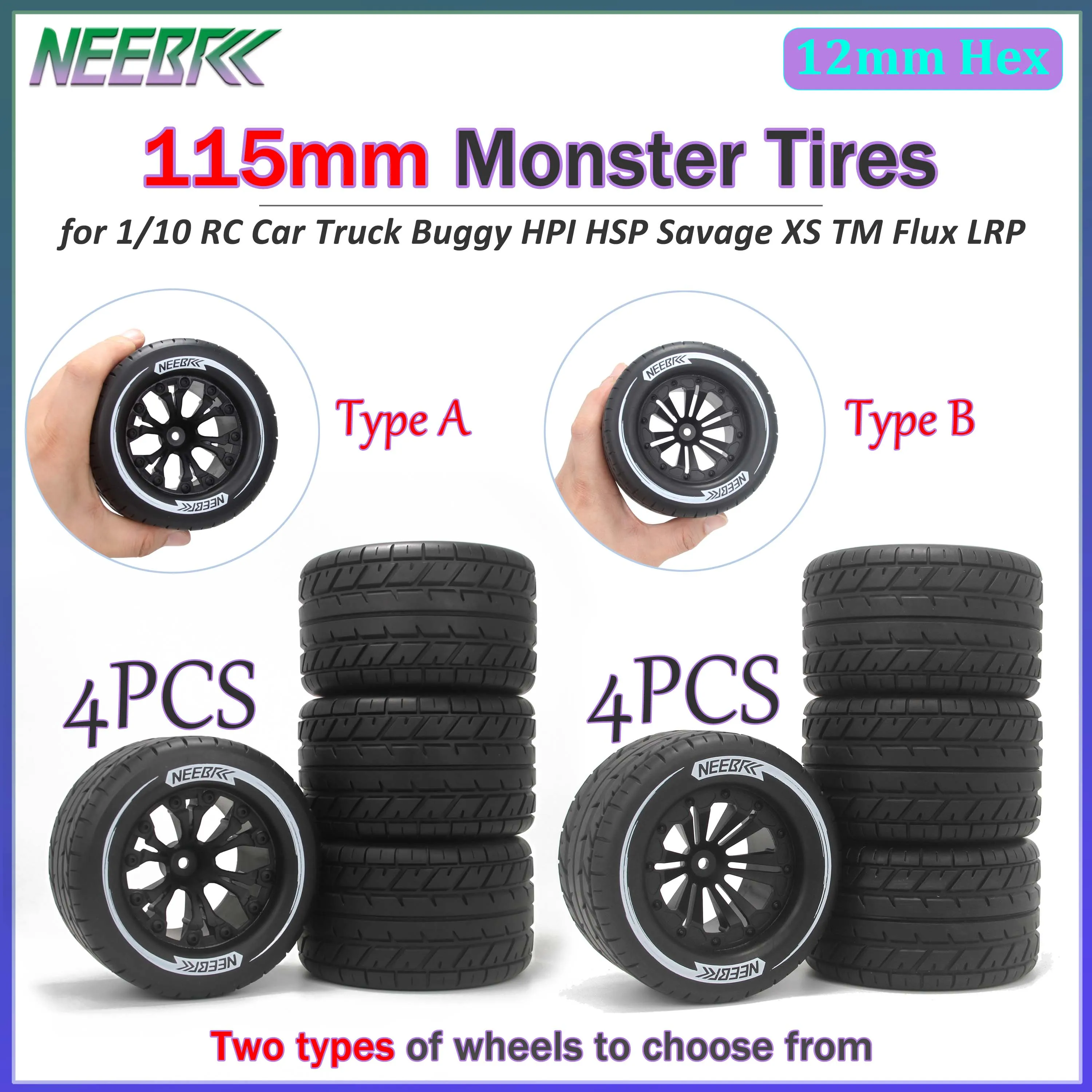 4PCS 115mm Monster Tires 12mm Hex Skidproof Wheel Tyre for 1/10 RC Car Truck Crawler Buggy HPI HSP Savage XS TM Flux LRP Toys