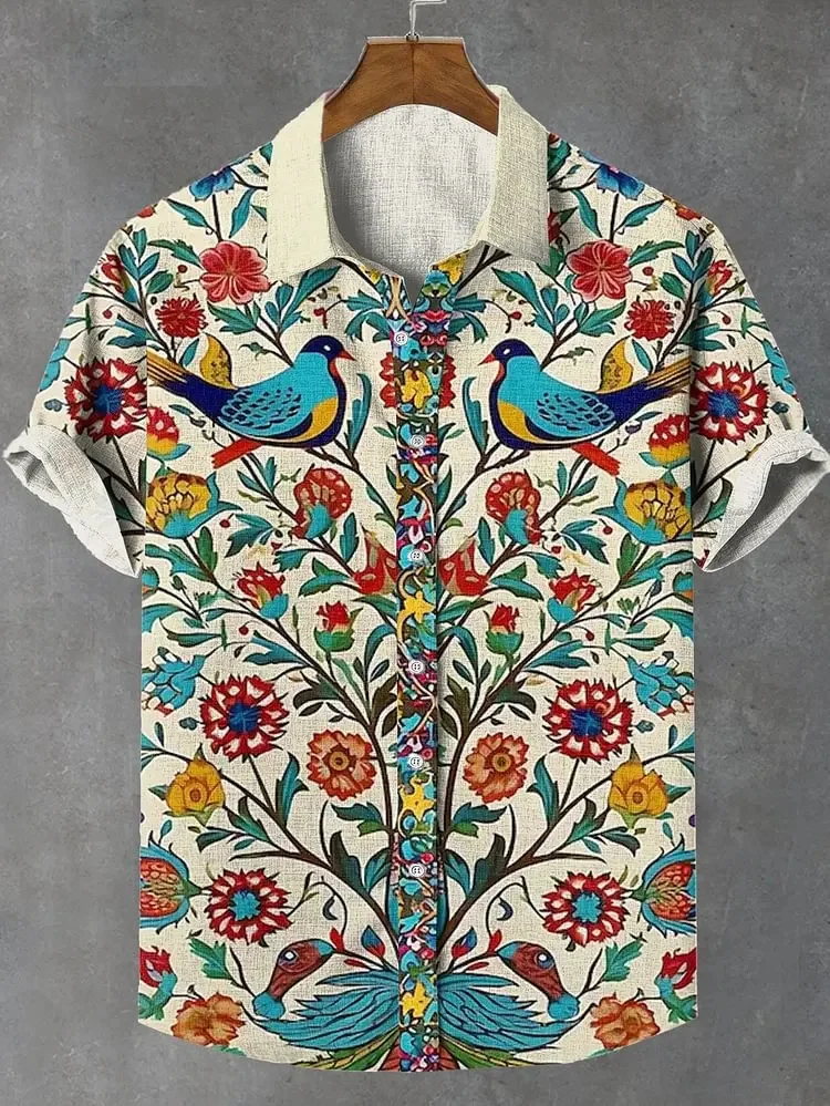 Summer Men's Printed Short Sleeve Shirt Vintage Linen Shirt Men's Festival Casual Short Sleeve Top Street Trend Fast Delivery