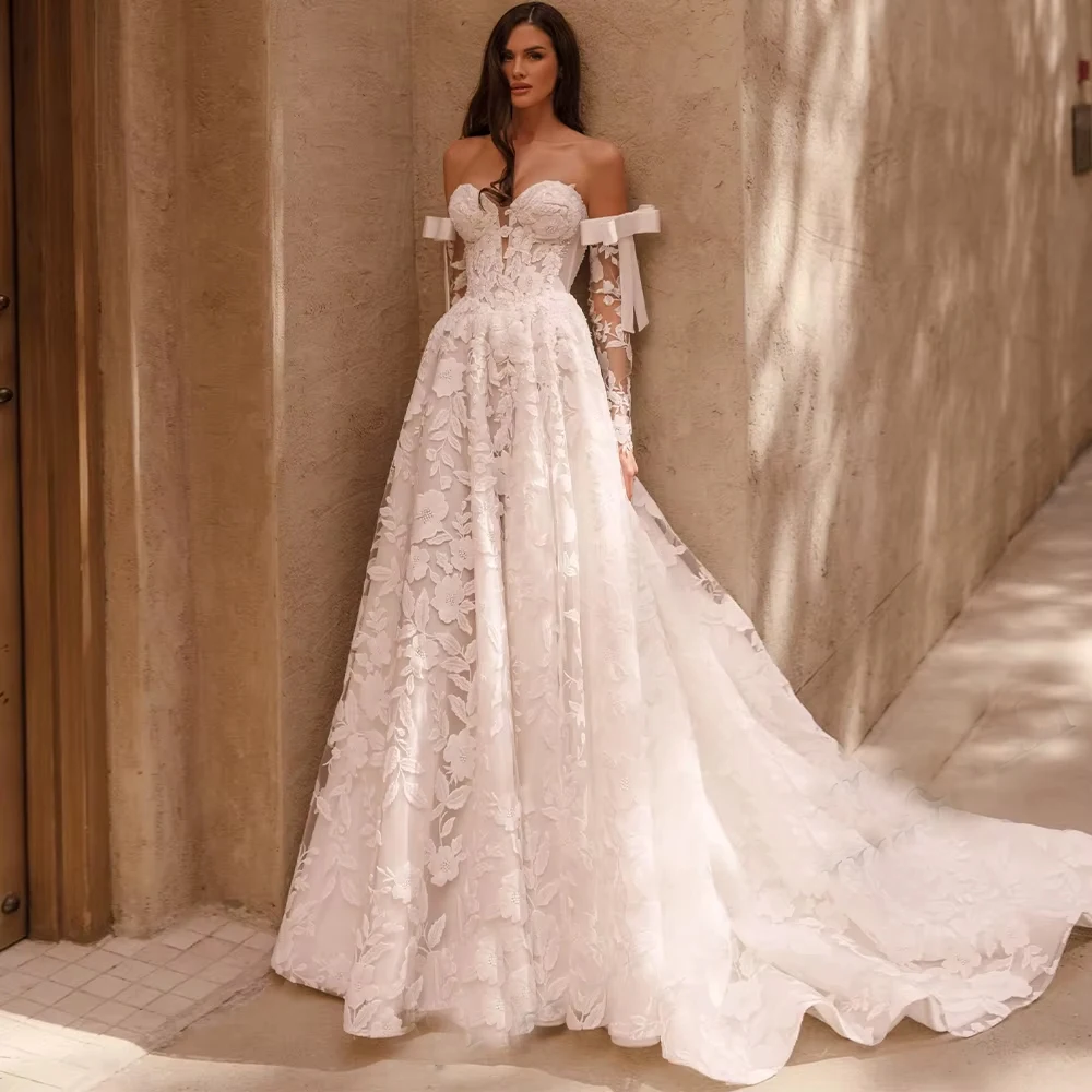 Customized Modern Sweetheart Wedding Dresses For Woman Bridal A-LINE Beaded Bow Lace Appliques Vestidos Bridal Gown