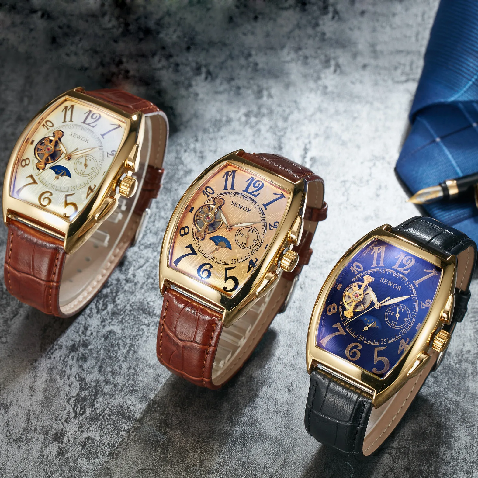 

Skeleton Automatic Mens Watch Moon Phase Tonneau Tourbillon Mechancial Wristwatches Genuine Brown Leather Strap Luminous Hands