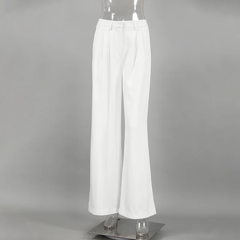 Imagem -04 - Alieneon-calça Casual Feminina de Perna Larga Cintura Alta Calça Coreana de Rua Branco Sólido Moda Vintage Escritório