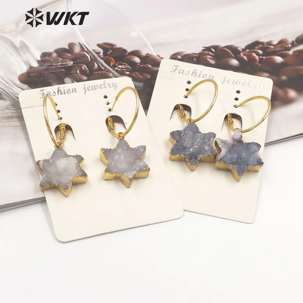 WKT-E739  WKT 2023 Beautiful Style Druzy Quartz Earring Maple Leaf Shape Gold Plated Jewelry For Women Hot