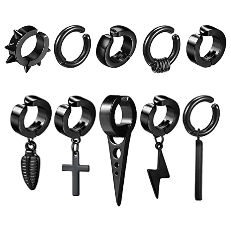 WKOUD 1/10 Pcs/1 Set Clip-on Hoop Earrings Men\'s Stainless Steel Fake Perforated Pendant Earrings Cross Feather Ear Clips