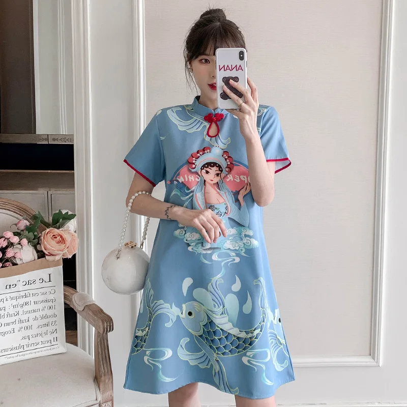 FZSLCYIYI Vintage Drop Collar Short Sleeve Chinese Dress Cotton Linen A-Line Qipao Summer Women Casual Cheongsam