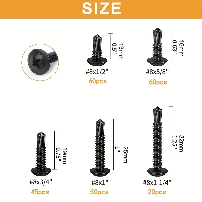 235pcs 410Stainless Steel #8x1/2\'\' To 1-1/4\'\' Self Drilling Tek Screw Assortment Kit, Modified Truss Head, Assorted Size Self Ta