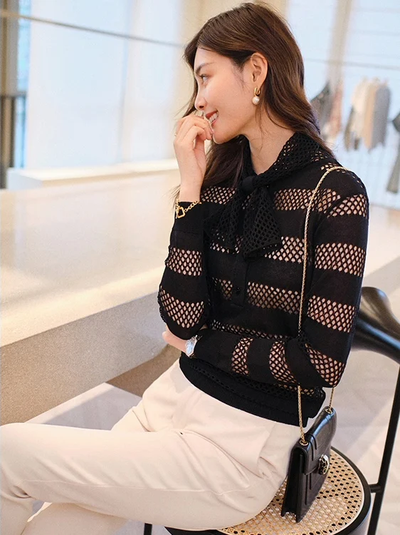 

Ele Hollow out Knot Collar irt Heavy Embroidery Ningxia Clothing Commute Sle Woolen Long Sve Striped irt