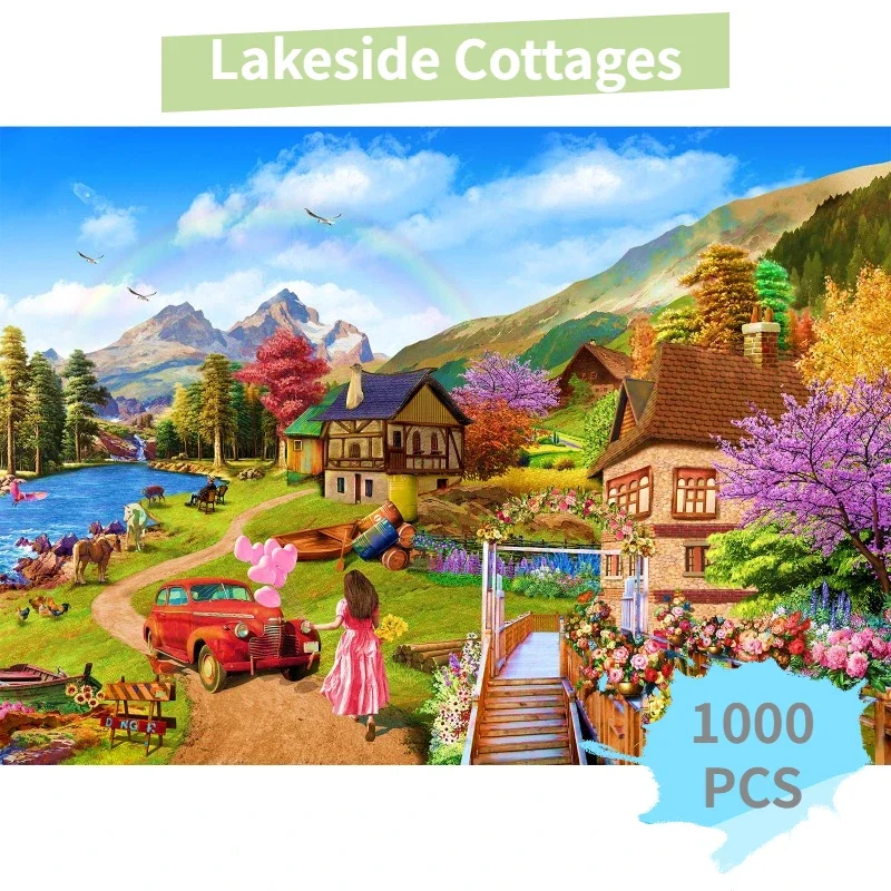 70*50cm Adult Paper Jigsaw Puzzle 1000 Pieces Landscaping Lakeside Cottages Adult Stress Relief  Entertainment Christmas