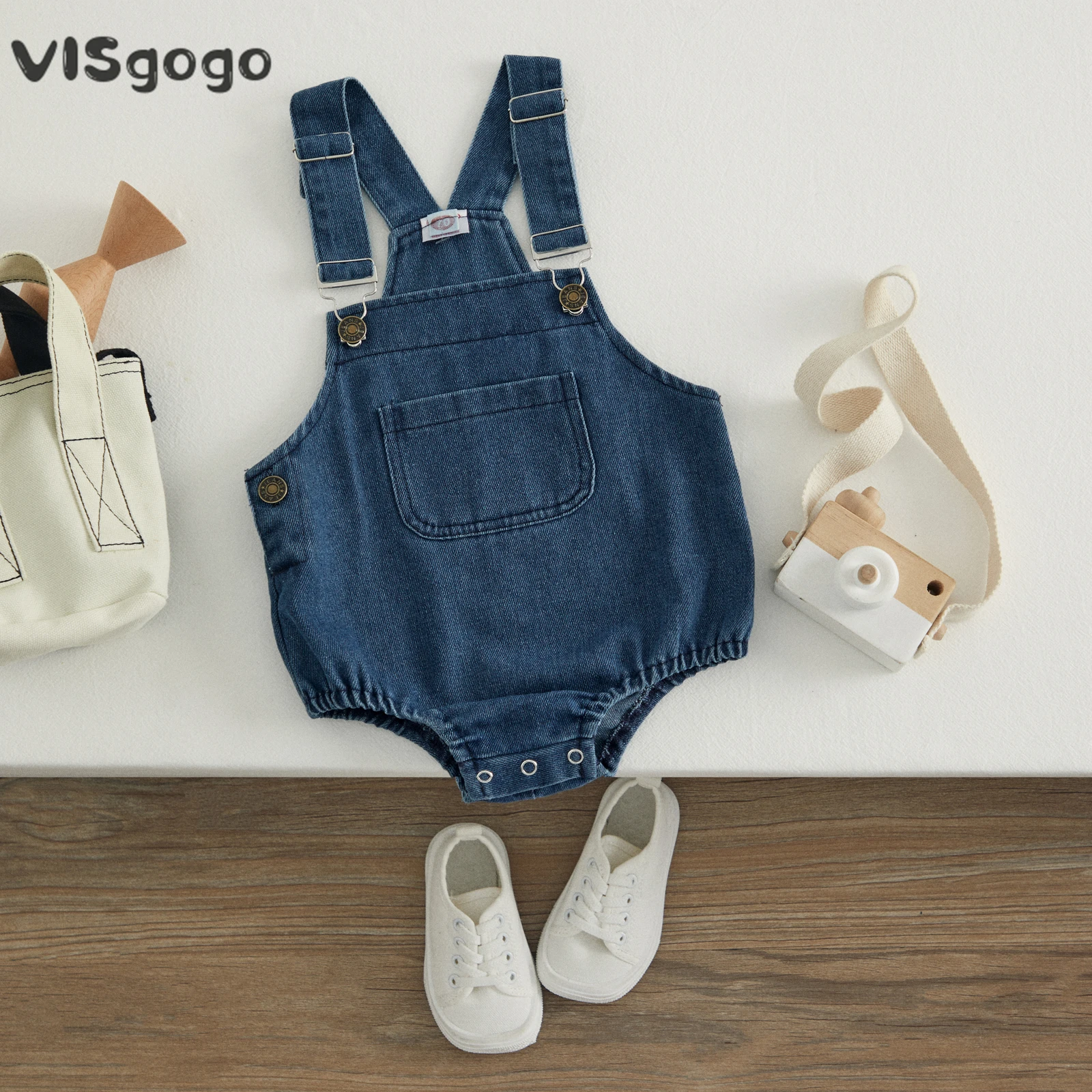 VISgogo Baby Boy Girl Denim Romper with Pockets Suspender Sleeveless Jumpsuit Shorts Button Up Jean Overalls Summer Clothes