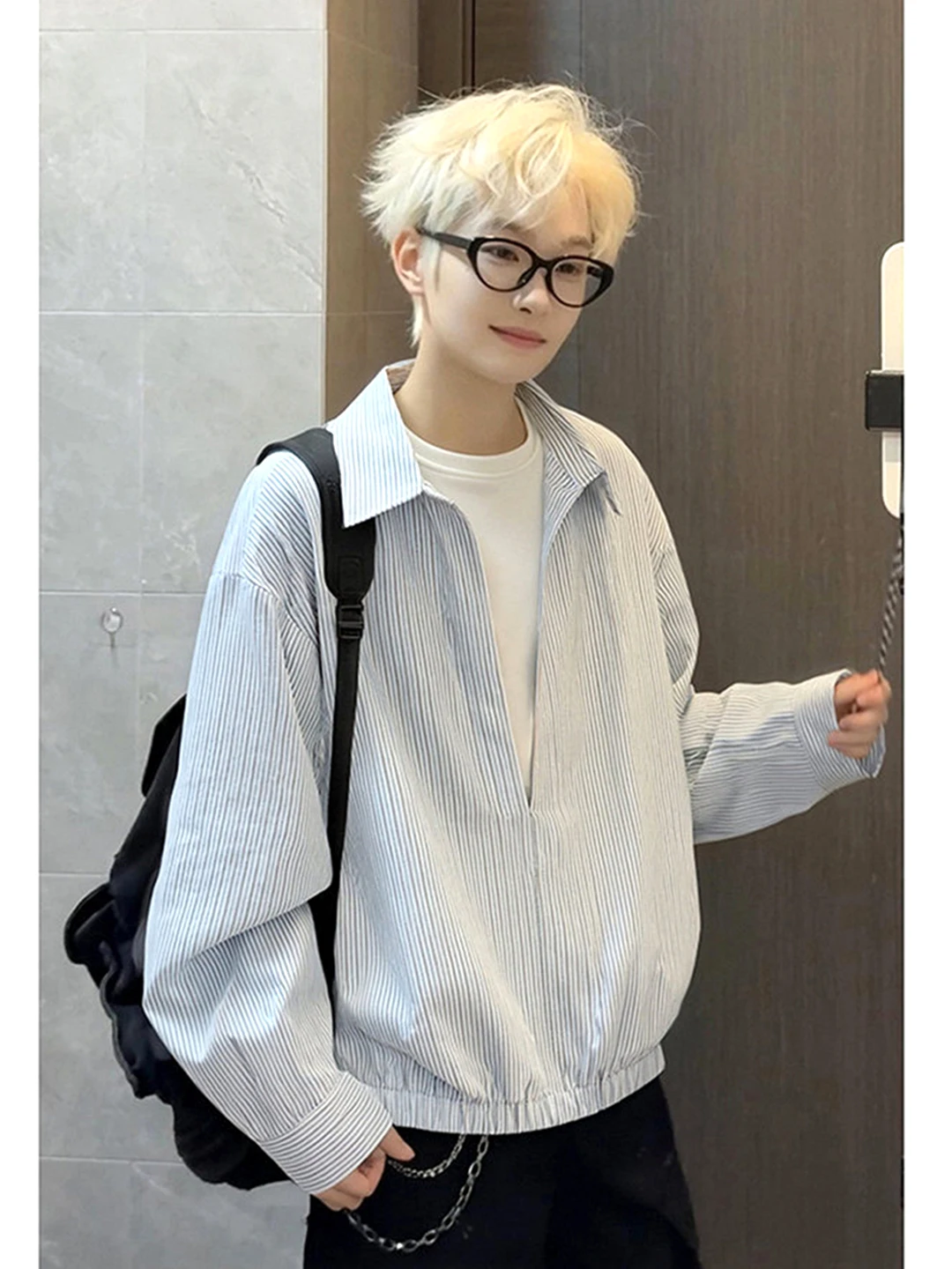 

Light Blue Striped Fake Two-Piece Long Sve Men's irt Korean Lazy Sle Hoodl Sweatirt Cleanfit Ciwalk Casual irt