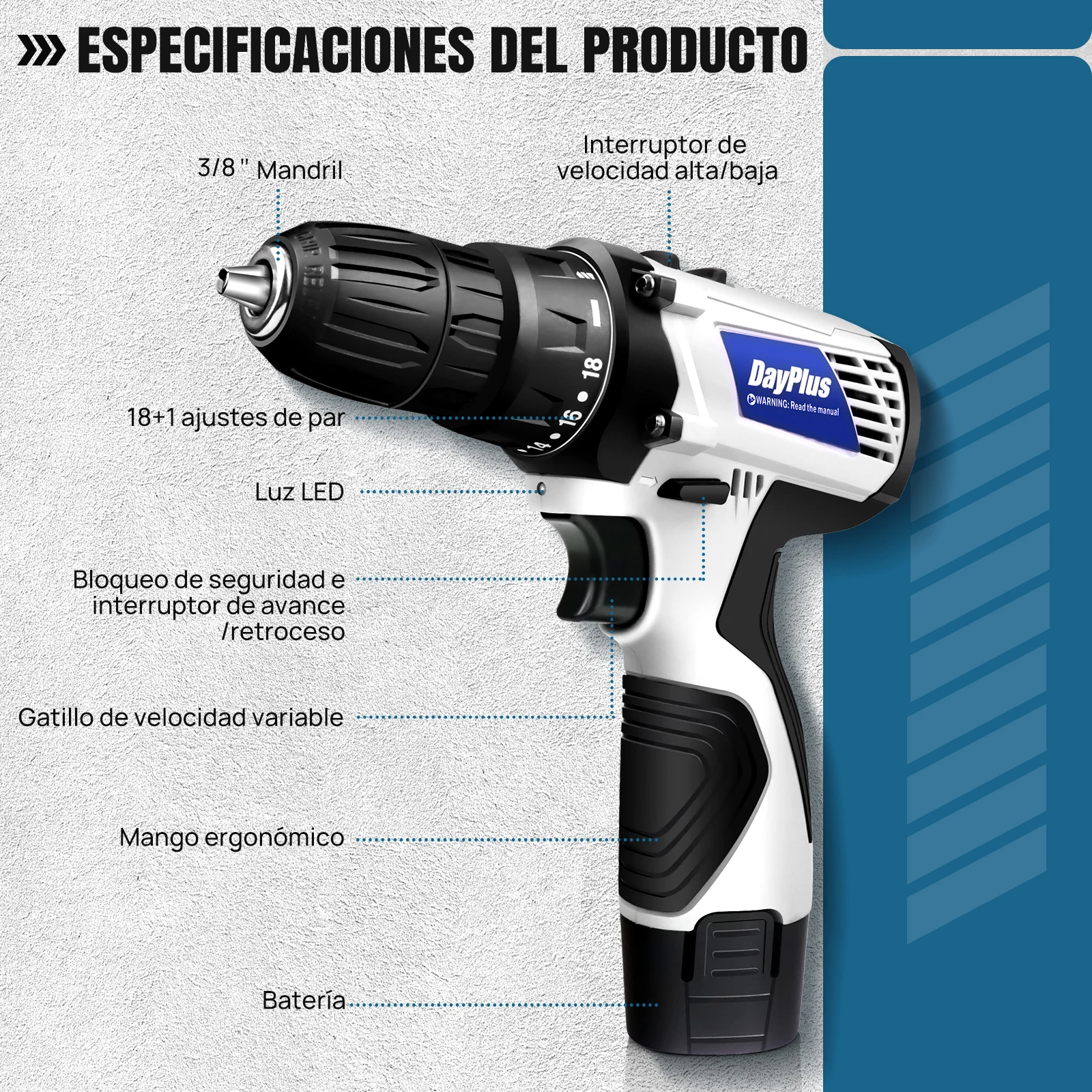 Mini Taladro Inalámbrico con 2 Baterías, Destornillador Eléctrico, 45N.m, 18+1 Ajustes de Torque, 2 Velocidades 0-400/1400rpm, 23 Accesorios