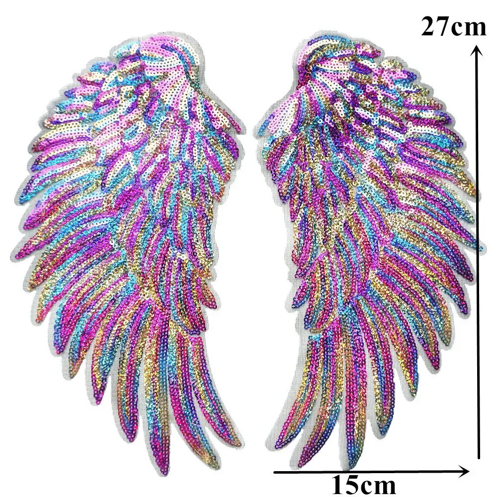 2PCS Rainbow Feather Wings Sequin Dreamy Sew Iron On Patches Embroidered Badges For Clothes DIY Appliques Craft Decoration