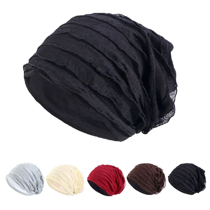 New Solid Color Breathable Beanie Cap Baggy Slouchy Hat Lightweight Elastic Skull Cap Thin Bonnet Cap Breathable Chemo Hats