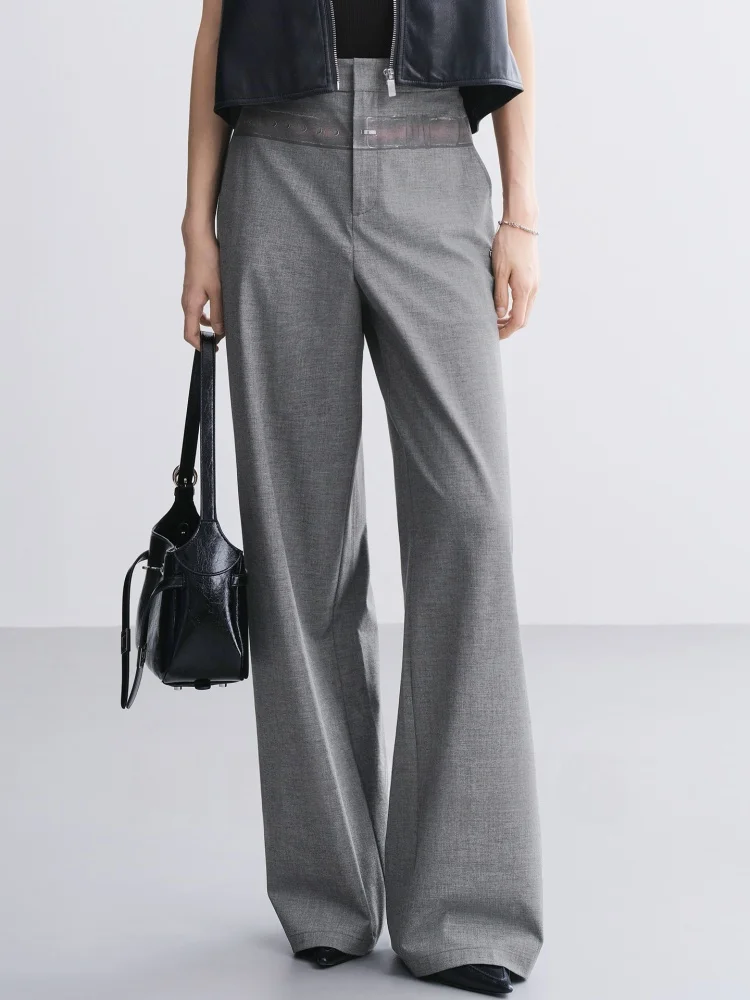 

MeiYang High Waist Straight Leg Pants Woolen Print Belted Queen Presence Initial Cut Formal Trousers for Women Summer 2025