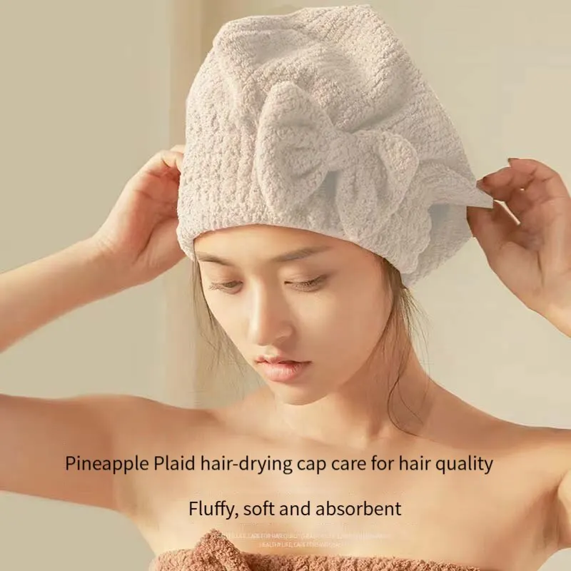 Shower Cap Cute Bow Princess Coral Velvet Pineapple Lattice Water-absorbent Quick-drying Hair Drying Cap Soft and Lint Free