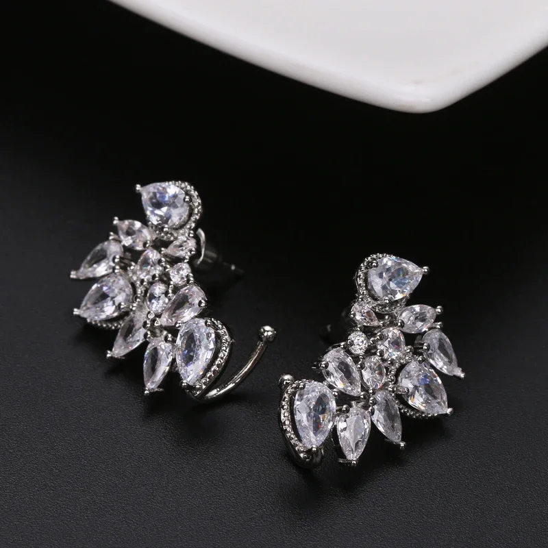 Cute Silver Color Statement Flower Stud Earrings Jewelry with CZ Zirconia Crystal Ear Stud for Women Wedding Gift