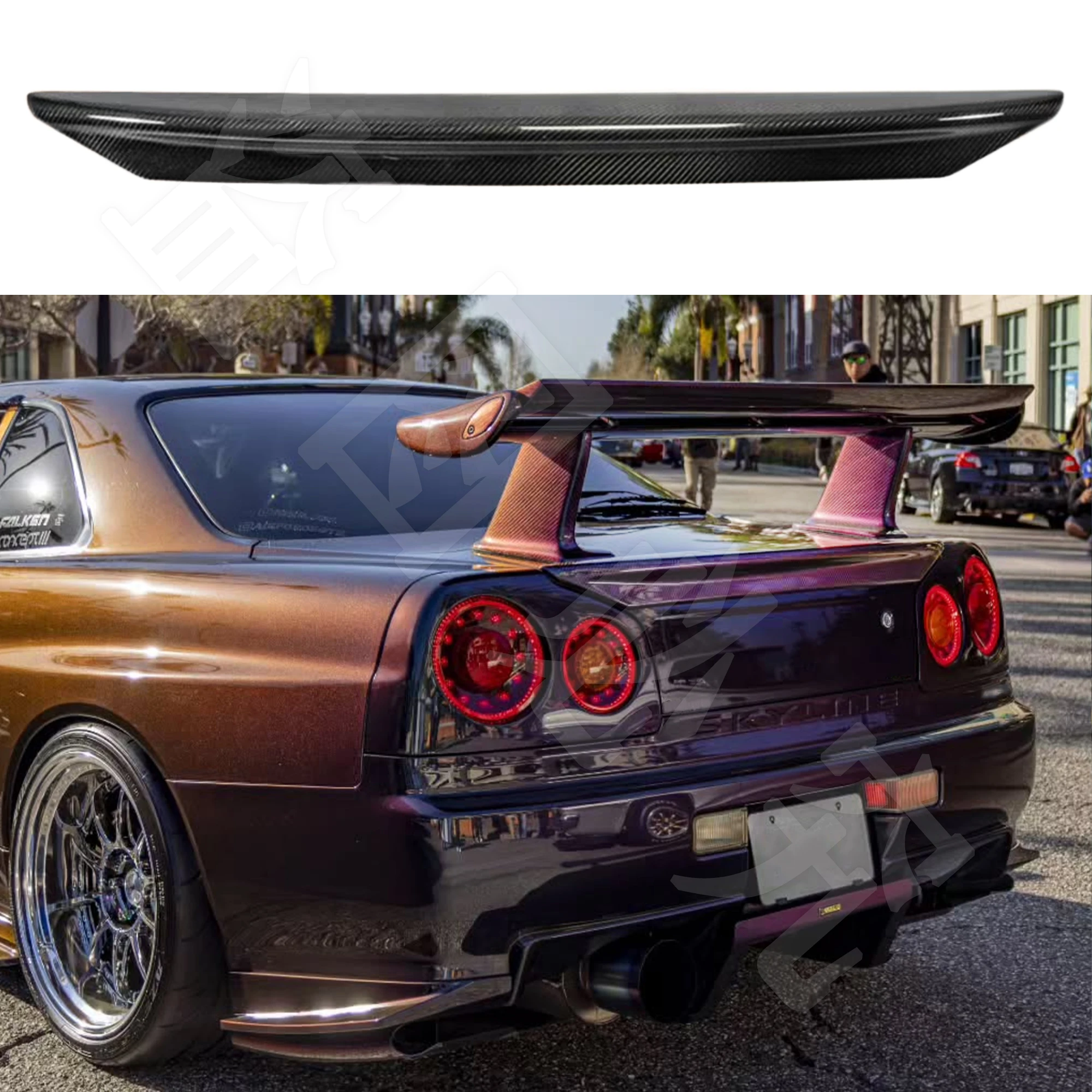 For Nissan Skyline R34 GTR rear trunk spoiler wing boot lip body kit HK style high-quality carbon fiber ducktail wing