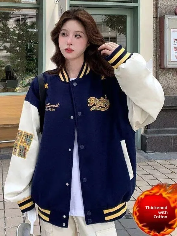 

Retro American Embroidered Baseball Jaet Women's Loose Fit Thiened Cotton Autumn Winter New Sle Color Blo Coat
