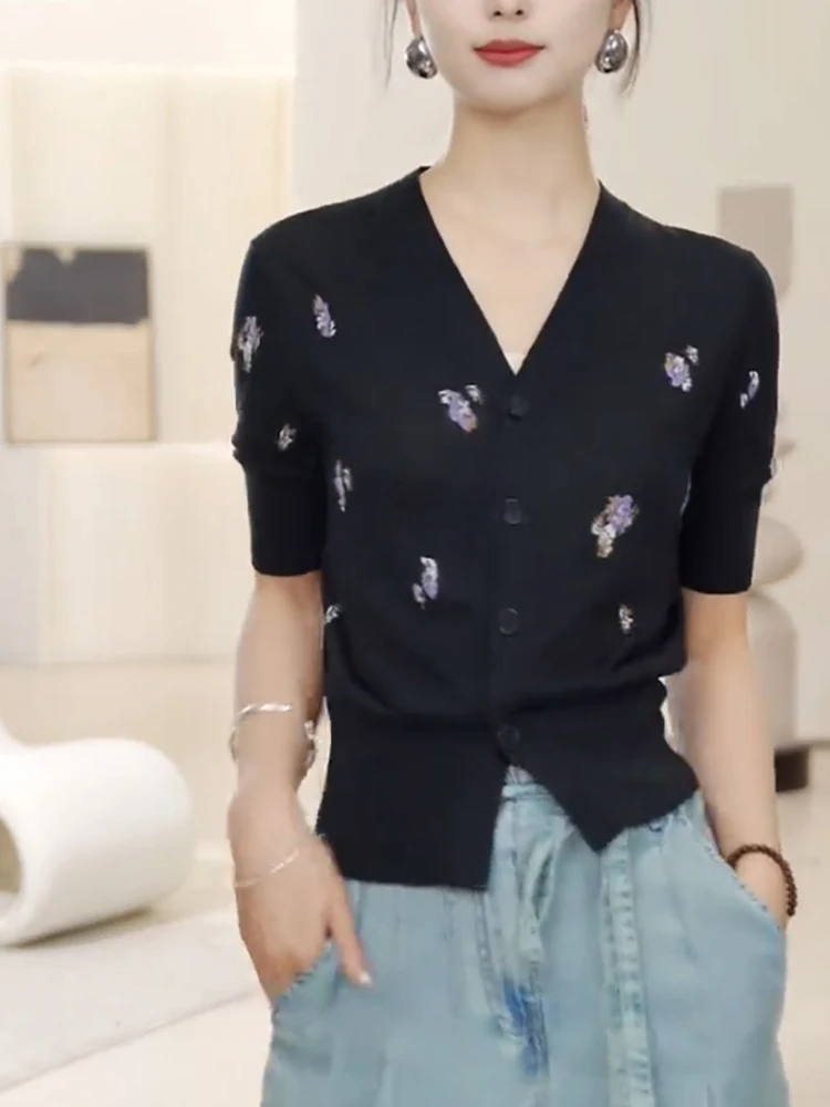 

Summer 2025 plus Size Slimming Print Bla Knitted Open Cardigan V-Ne ort Sve Top Versatile Korean Sle Wor...