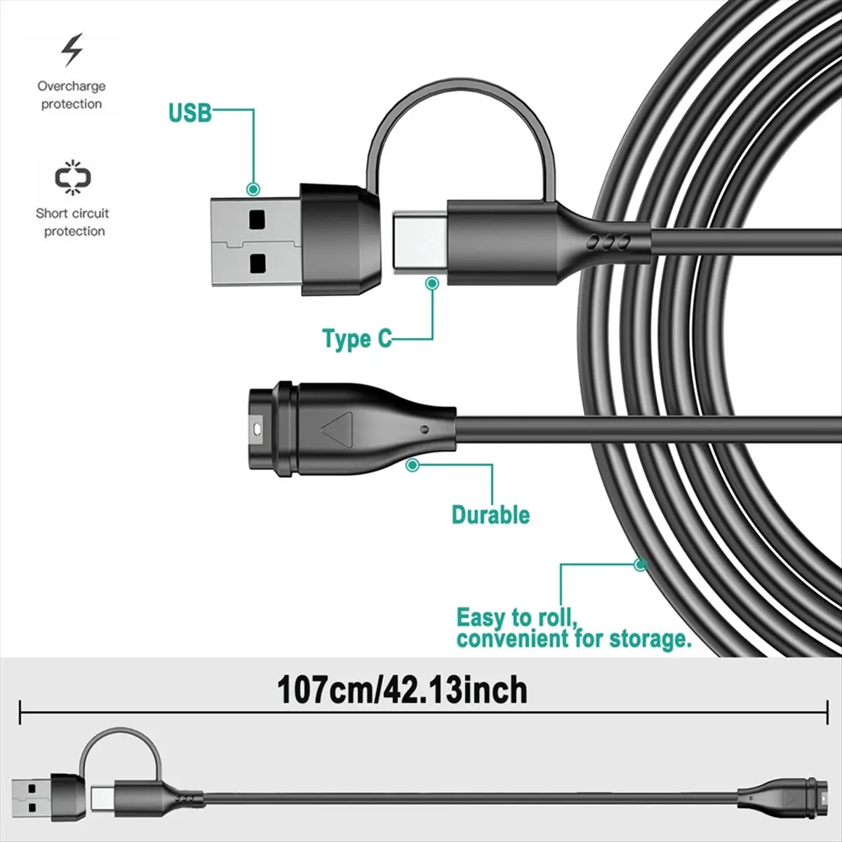 Happy New-  2in1 USB Type C Watch Charging Cable for 8, 7 Series, Forerunner 245, 255, 955, Venu 2 A Black & White