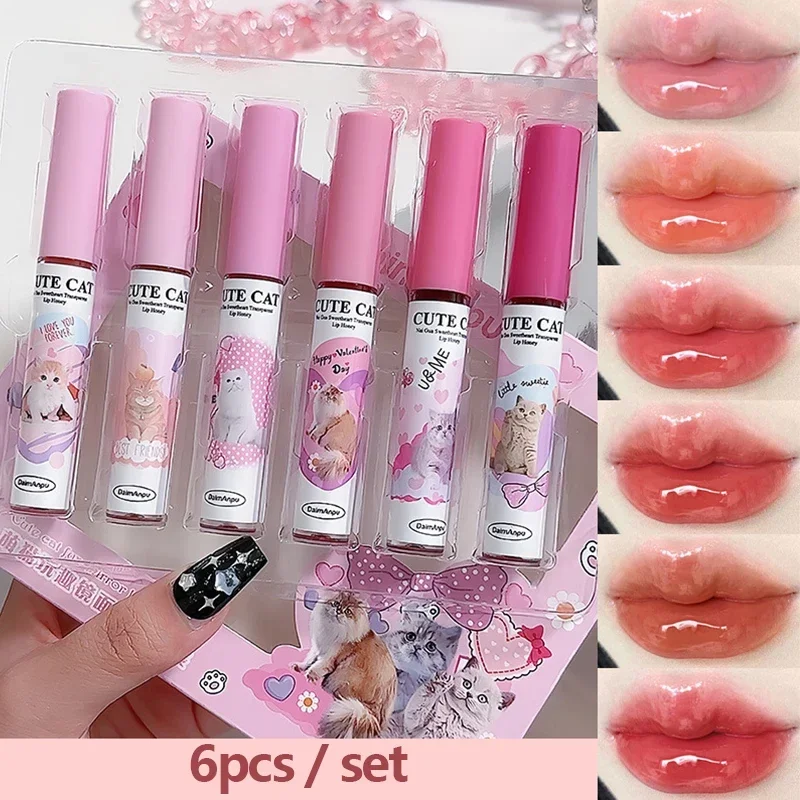 6pcs Cute Mirror Glass Lip Glaze Set Water Light Cat Lipstick Jelly Oil Lip Gloss Korean Lip Tint Watery Makeup Girl Cosmetic