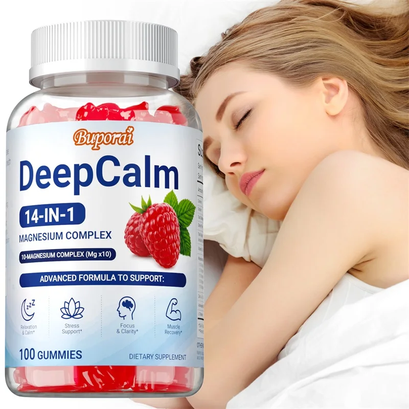 100pcs Magnesium Complex 14 in 1 Gummies with Ashwagandha L Theanine D3 Zinc Daily Nutrition Supplement Sleep Calm Support