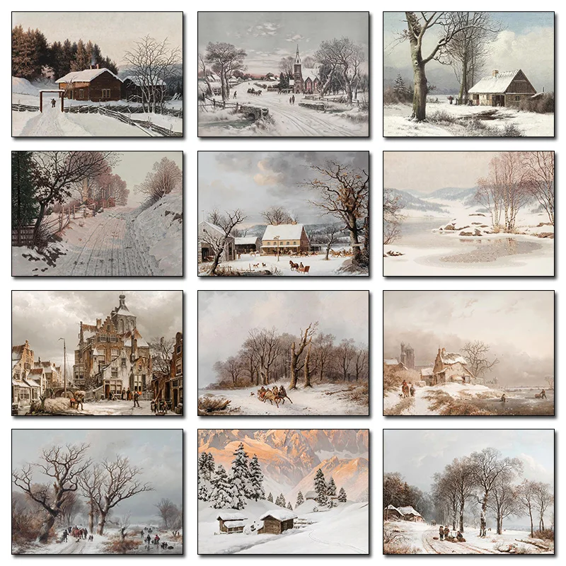 Retro Winter Snow Scene Wooden House Urban Landscape Posters Prints Canvas Painting Wall Art Picture Living Room Home Decor