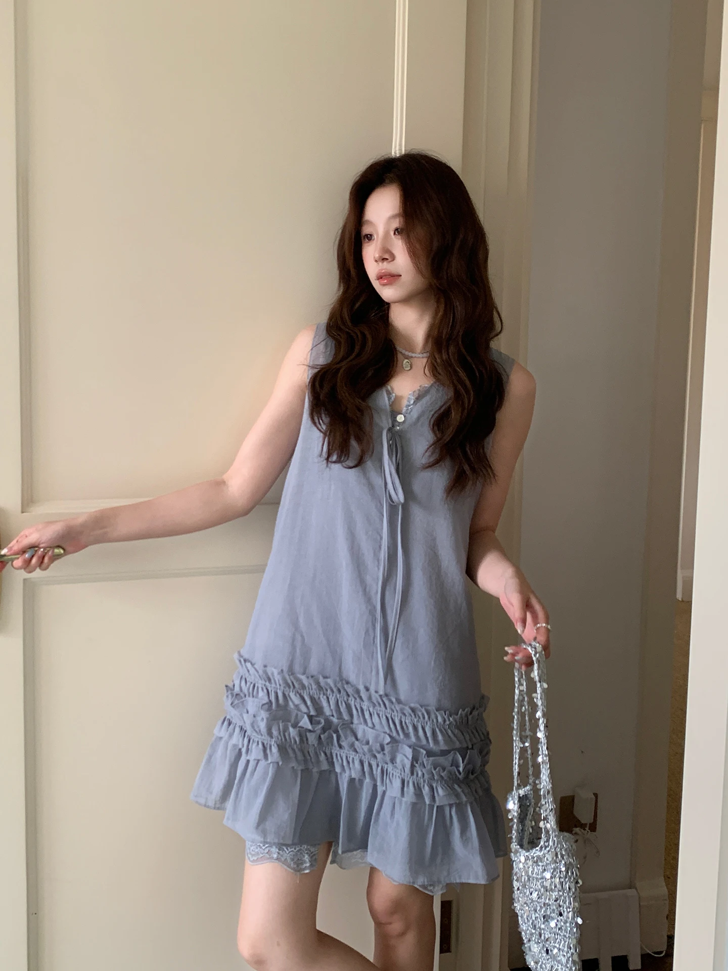

Korean Sle Vaion Wood ain Dr Two Piece Set Cover up Spring Summer Cotton V Ne mid Waist Ci Walk Dr