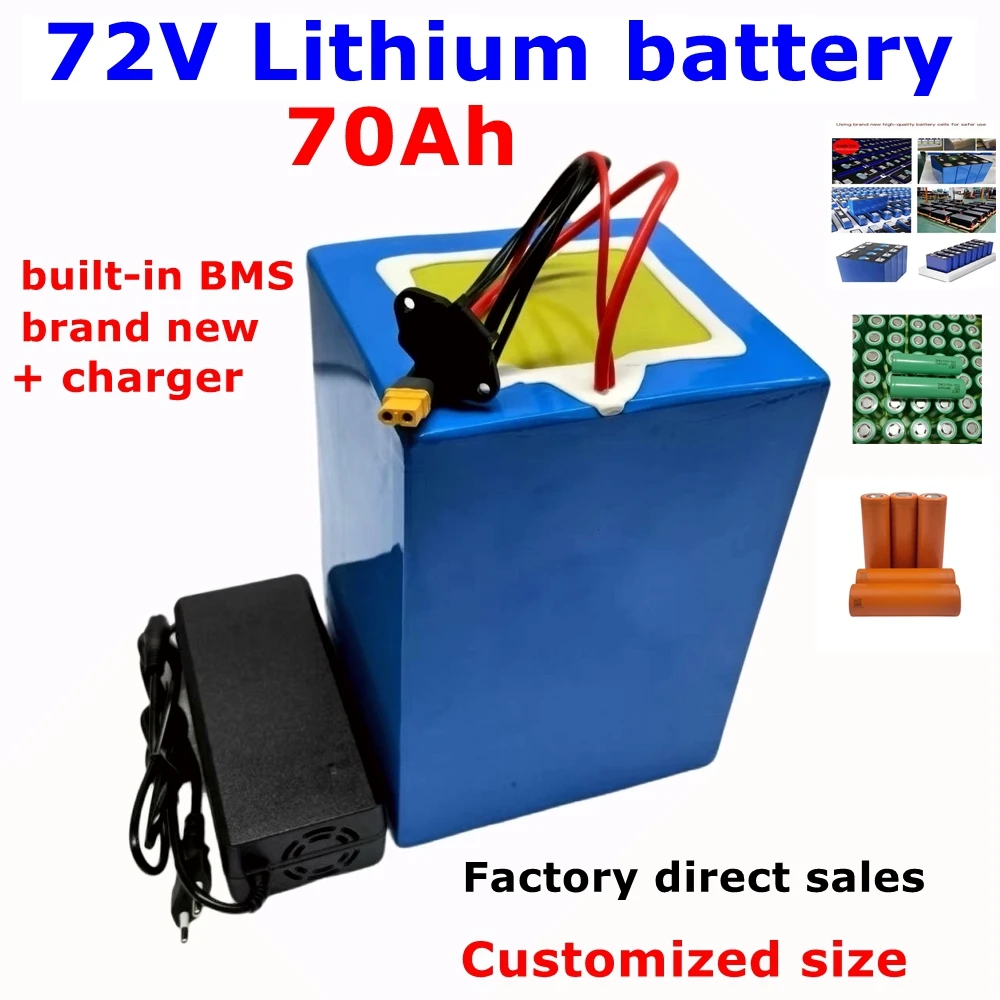 LT-Batterie lithium-ion 72V, 70Ah, avec BMS 100A, pour vélo, tricycle et scooter 6000W, avec chargeur 8,5 V 10A