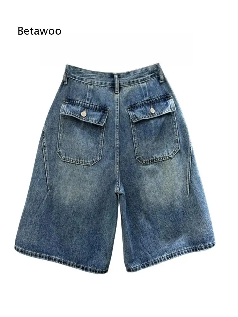 Vintage Blue Distressed Ripped Jean Shorts Women High Waist Wide Leg Bermuda Cut Denim Shorts For Outdoor And Daily Use view 4