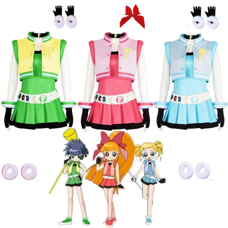 Anime Powerpuff Girls Cosplay Girls Costume full Set Blossom Buttercup Bubbles Costume Dress With Belt Set Halloween Fancy Dress