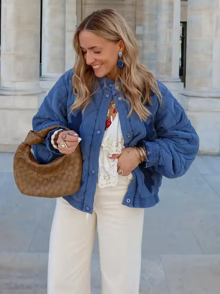 HH 2025 موضة المرأة مبطن سترة قطن الخريف الإناث طويلة الأكمام التطريز مبطن معاطف قصيرة سيدة شارع العليا أبلى