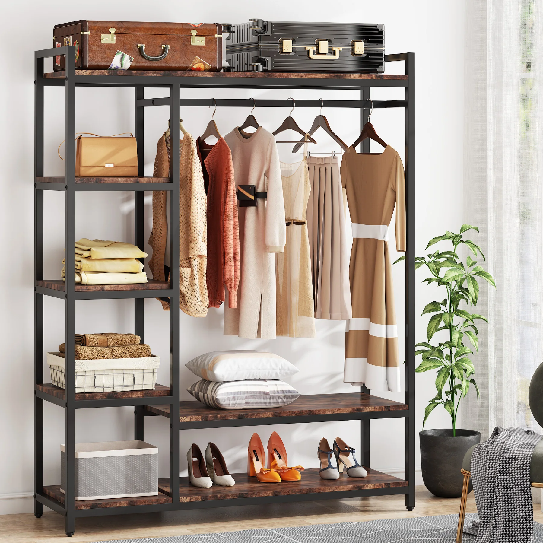 

# Wood Metal Garment Rack Closet Organizer Wardrobe Clothes Storage Shelves For Bedroom
