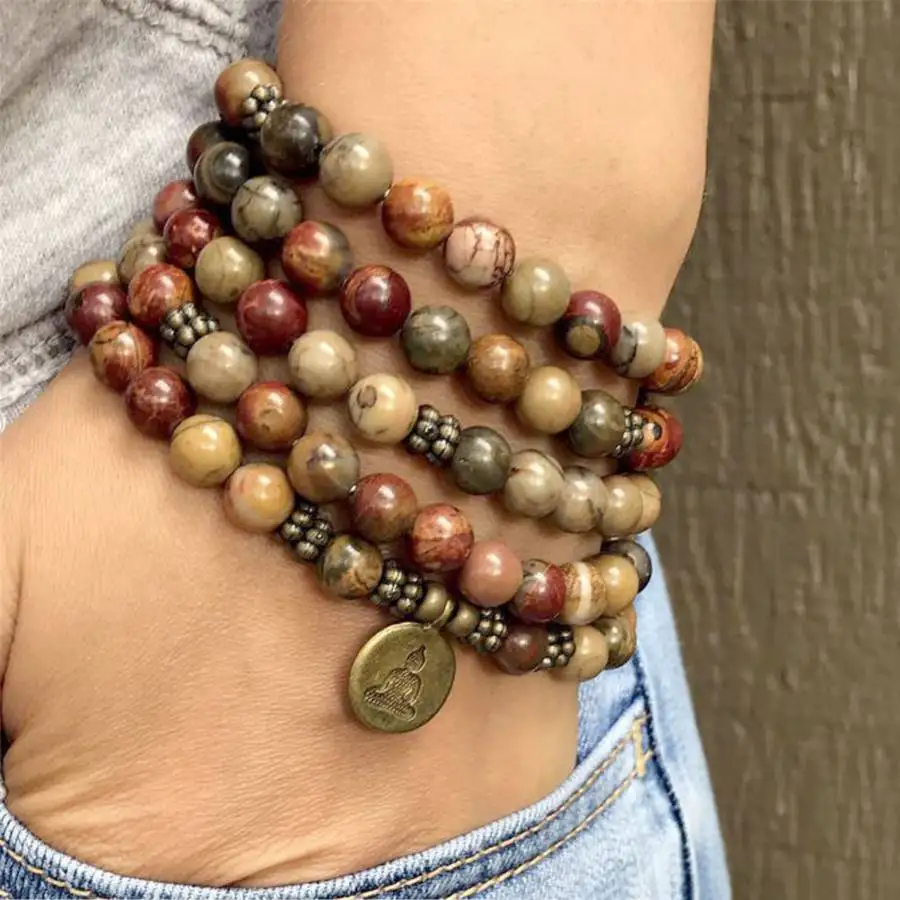 

8mm Picasso Jasper 108 Beads Pendant Necklace Bracelet Buddhist Hand Zen Stone Chaplet Jewelry zazen Bodhi Tibetan Bohemian Yoga